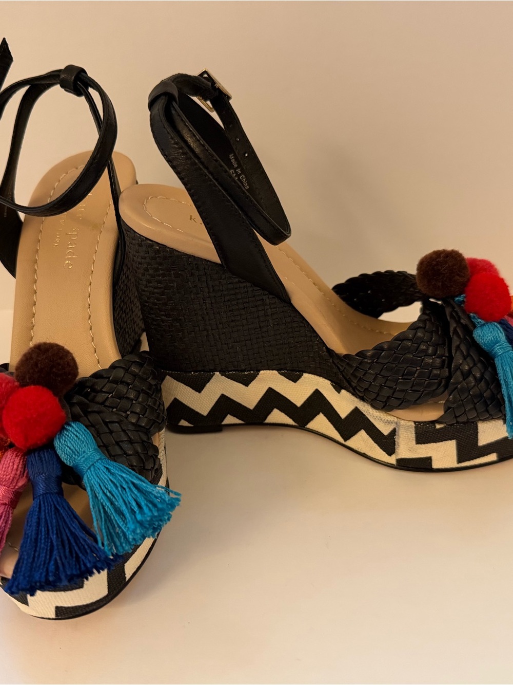 kate spade Black Woven Platform Wedge Sandals with Multicolor Tassels